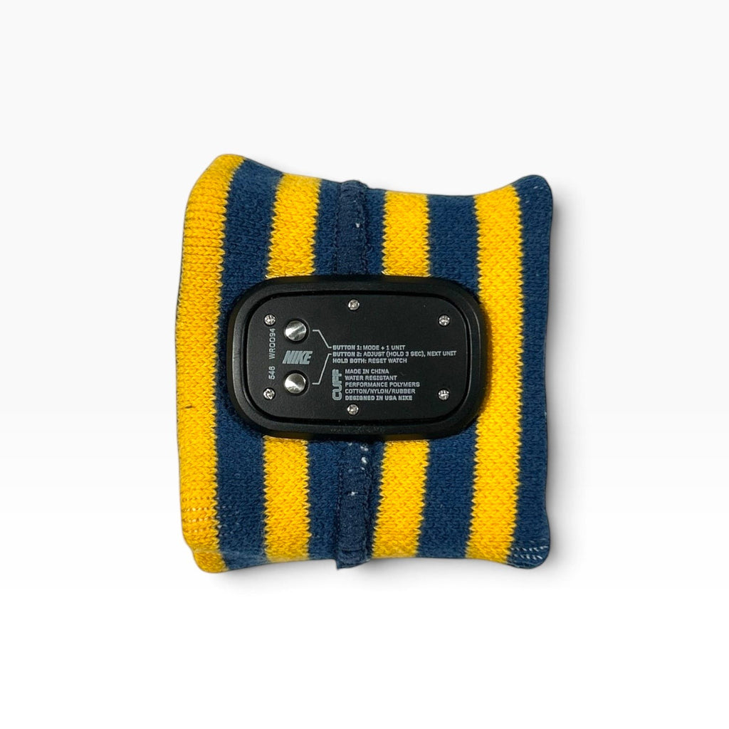 ACOLDWASH vintage Nike Club América digital cuff watch with a yellow and navy striped knit band and black module.