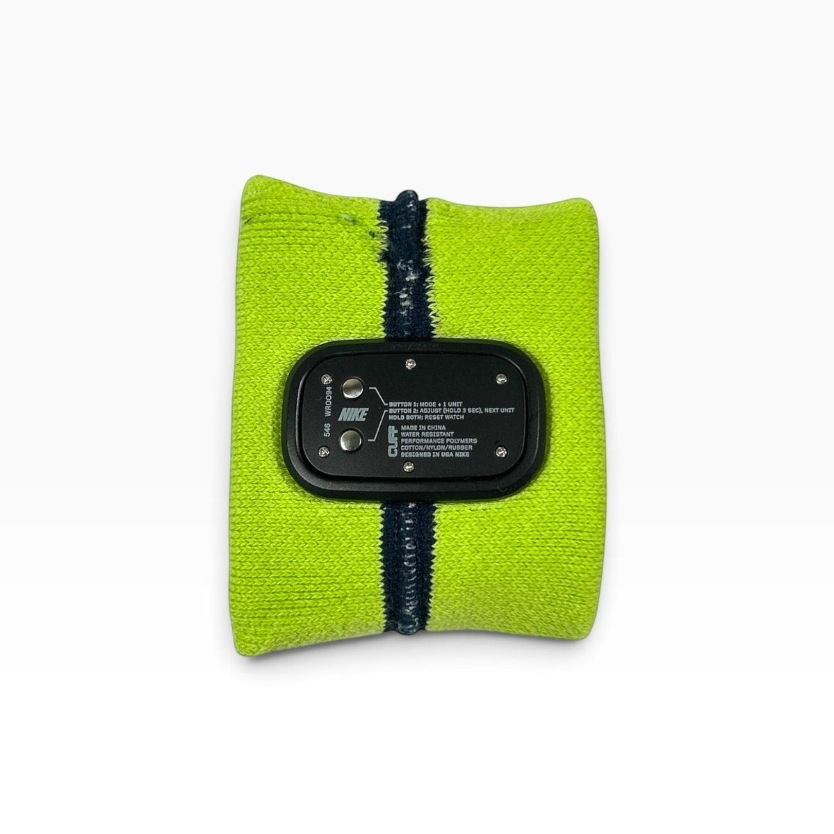 ACOLDWASH Nike Timing FC Barcelona digital watch with a volt green knit cuff, navy stripe, and embroidered FCB crest.
