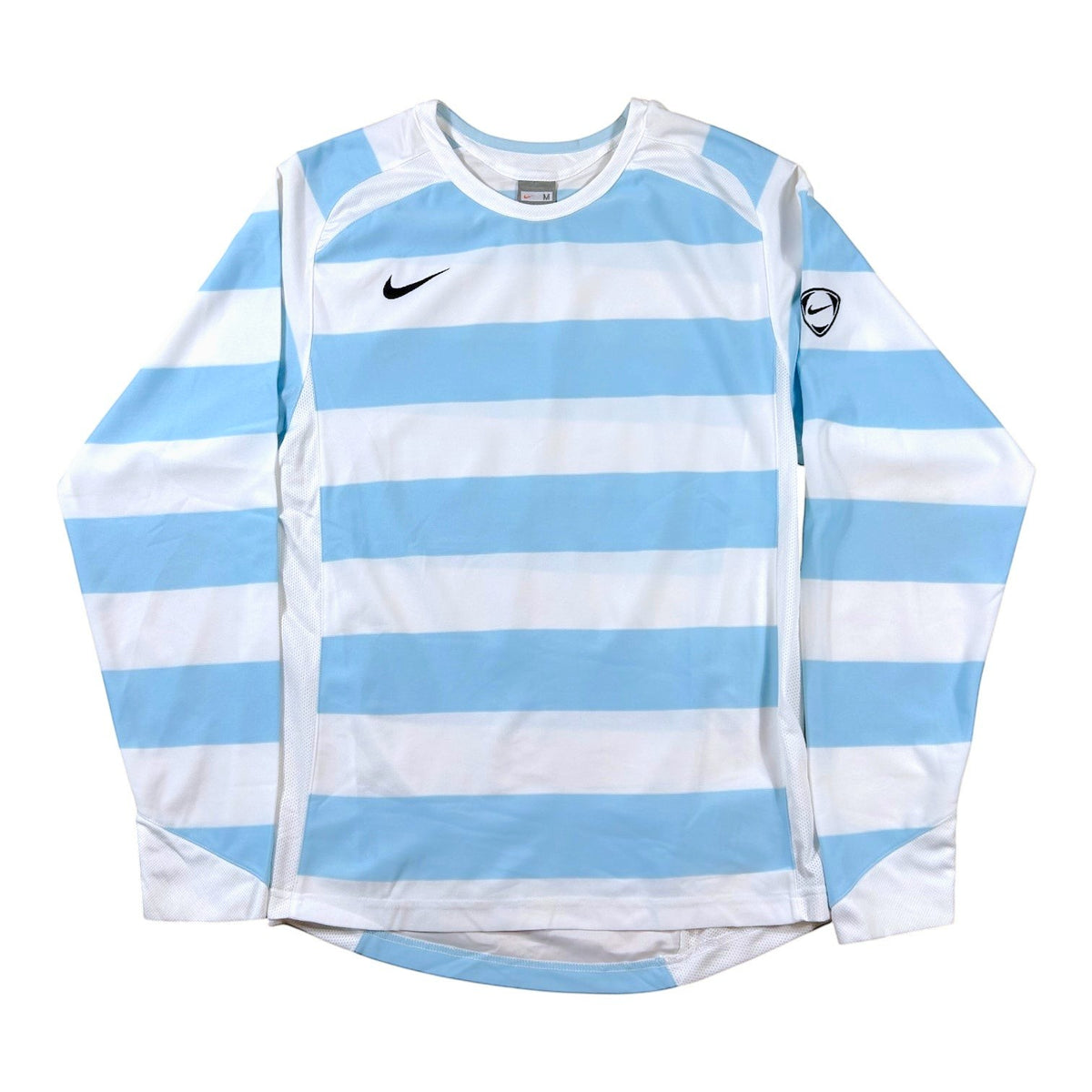 ACOLDWASH Nike long sleeve football shirt in white and light blue stripes with a black Swoosh and sleeve patch.