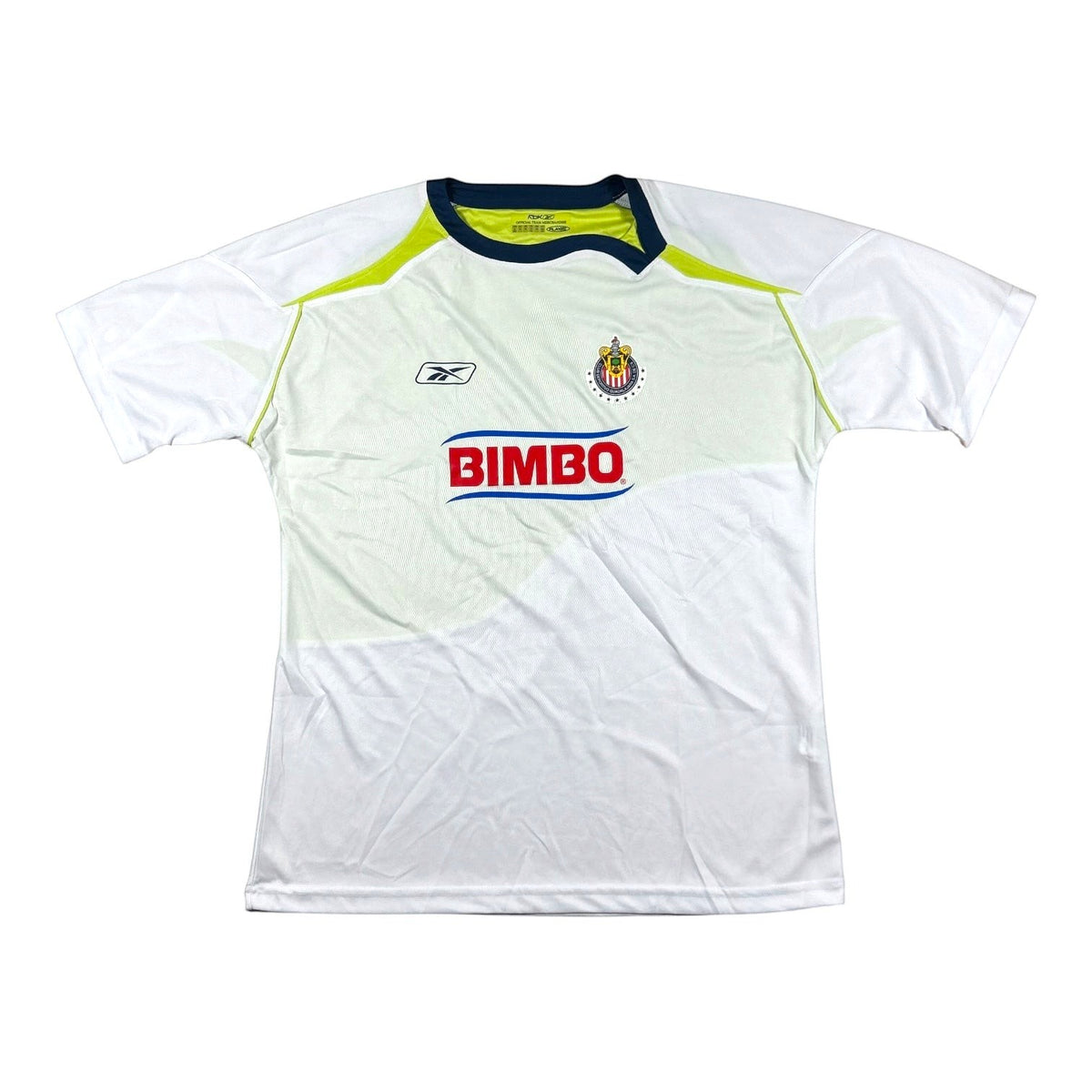ACOLDWASH vintage 2000s Reebok Chivas Guadalajara away soccer jersey in white and volt green with Bimbo sponsor logo.