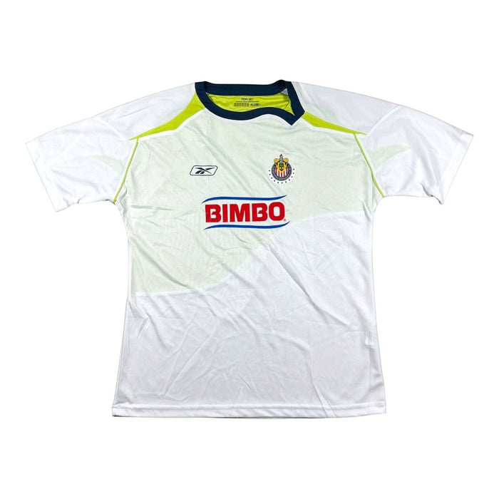 ACOLDWASH vintage 2000s Reebok Chivas Guadalajara away soccer jersey in white and volt green with Bimbo sponsor logo.