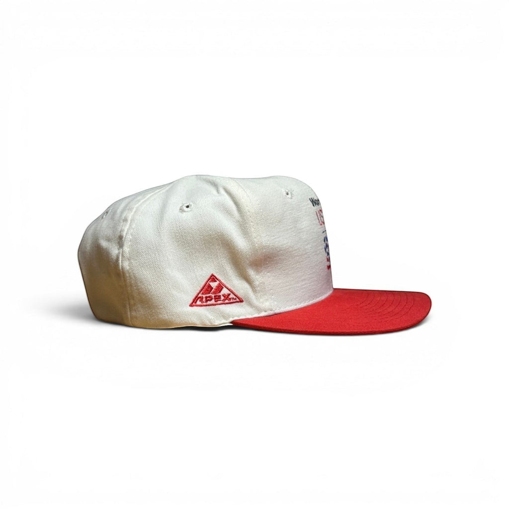 ACOLDWASH USA 94 Cameroon multi snap cap with white crown and red brim, featuring embroidered Apex logo.