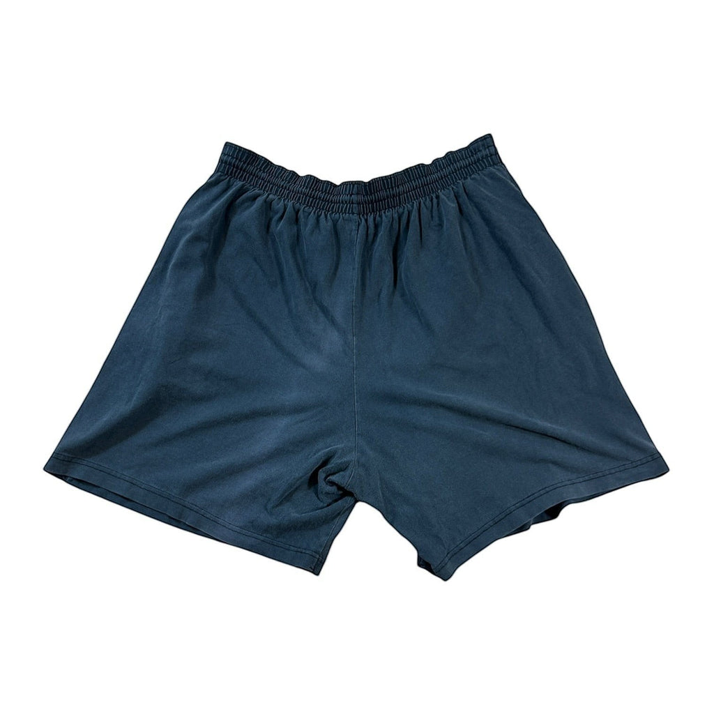 ACOLDWASH navy blue USA 94 logo flag shorts with elastic waistband and single stitch hem.