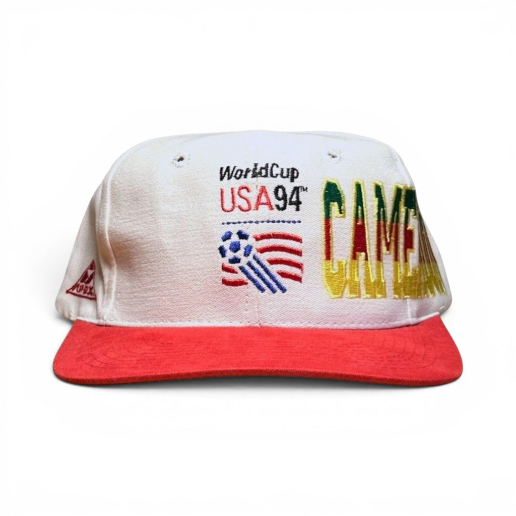 ACOLDWASH USA 94 World Cup multi-snap cap with red brim and embroidered USA flag and Cameroon text.