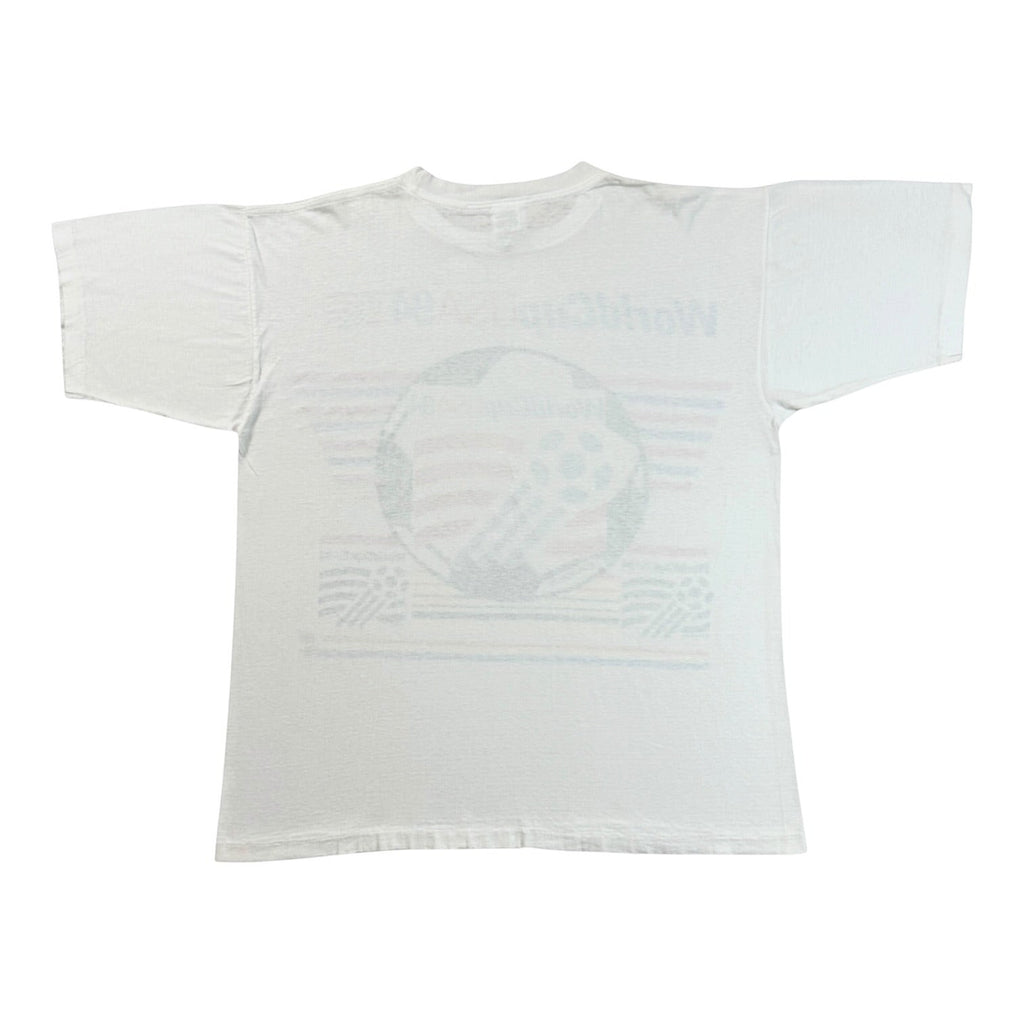 ACOLDWASH white 1994 World Cup t-shirt with soccer ball graphic and USA flag stripes. Size X-Large.