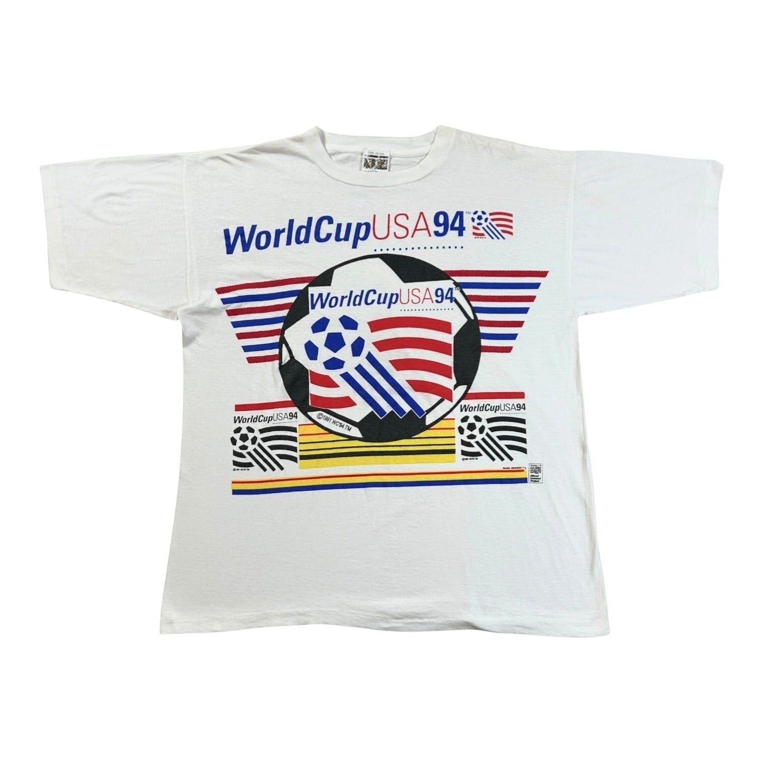 ACOLDWASH white t-shirt with World Cup USA 94 graphics, featuring a soccer ball and patriotic stripes.