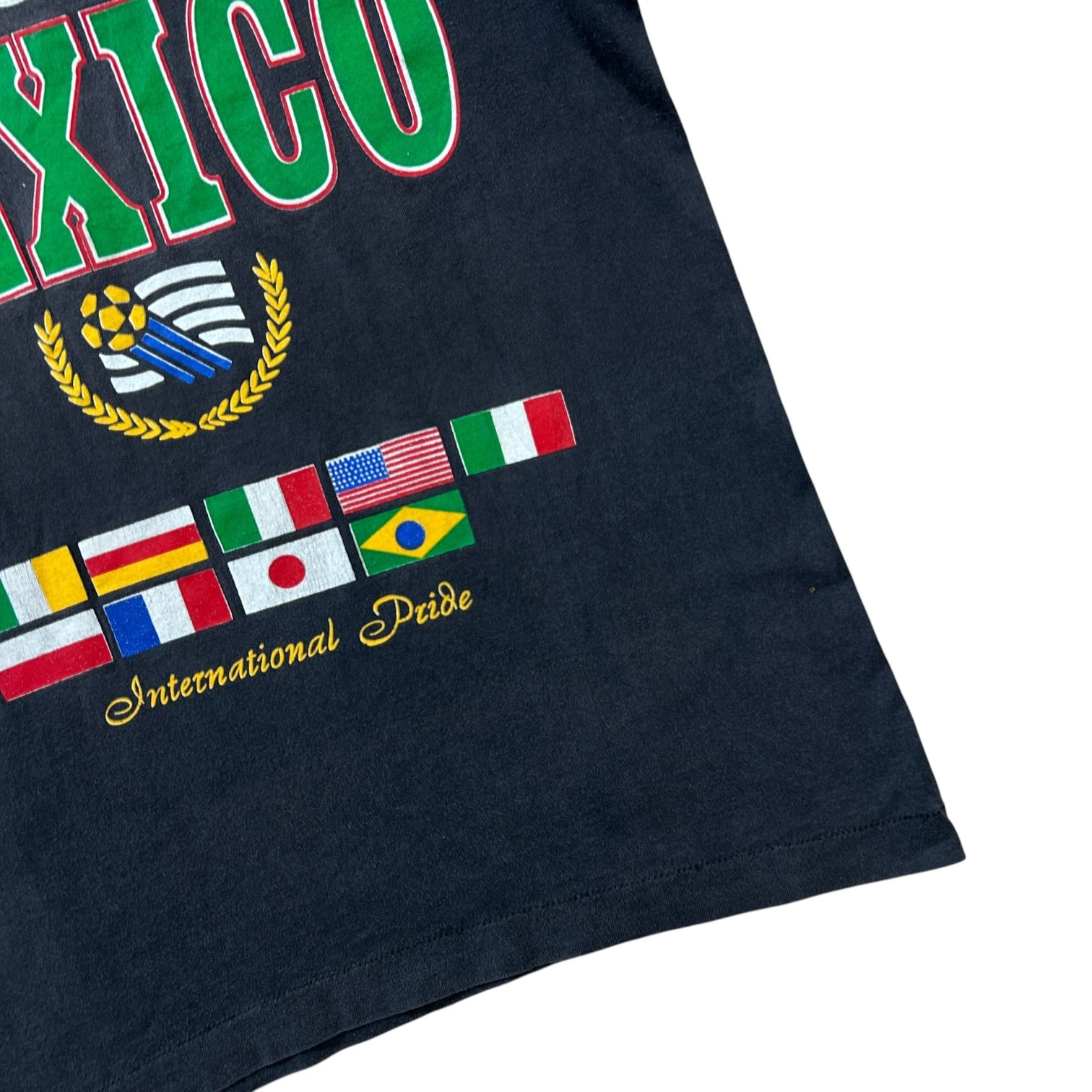 Mexico International Pride tee flag graphic and hem detail